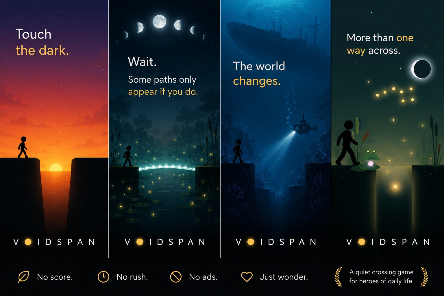 Four VoidSpan worlds shown side by side. Touch the dark: a Walker at the edge of a sunset gap. Wait, and some paths only appear if you do: a glowing bridge across a moonlit swamp. The world changes: a submarine lighting an underwater crossing. More than one way across: a swamp under an eclipse with fireflies. No score, no rush, no ads, just wonder. A quiet crossing game for heroes of daily life.