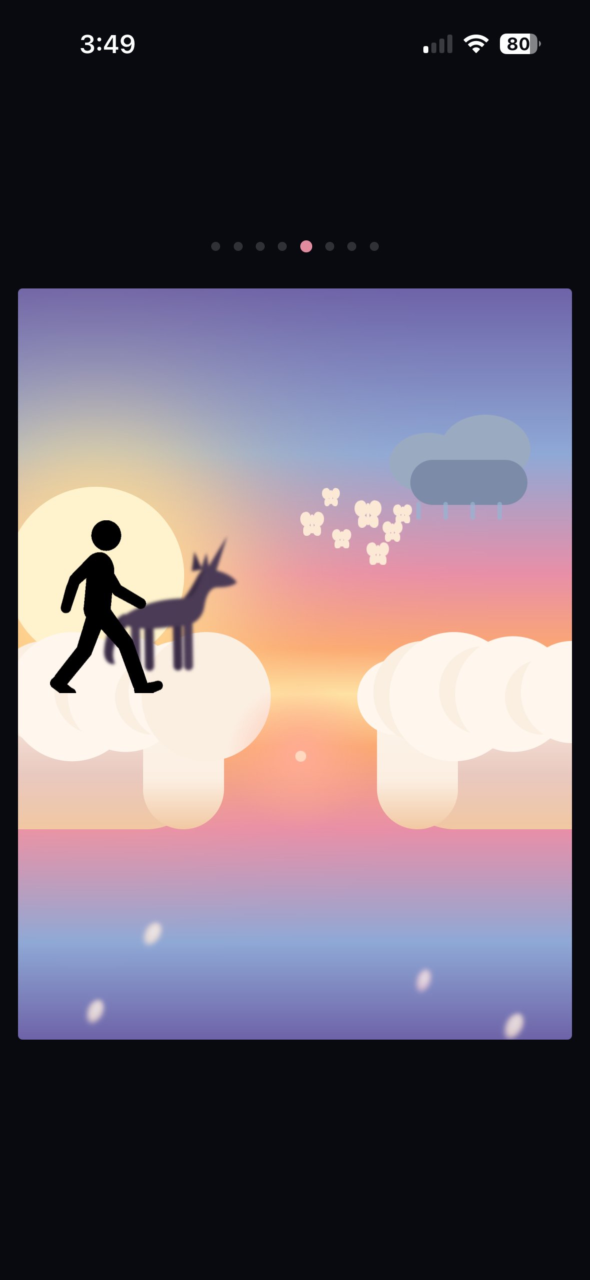 A Walker among clouds at sunset with a unicorn and drifting butterflies