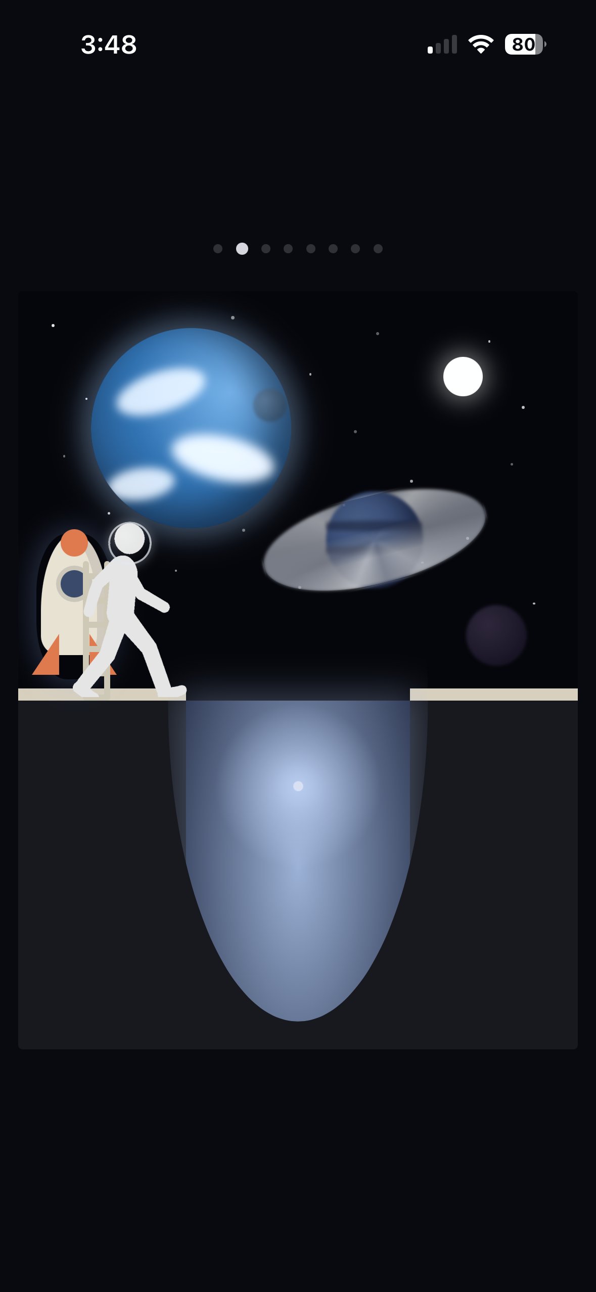 An astronaut Walker beside a rocket, a blue planet and a saucer in a starfield