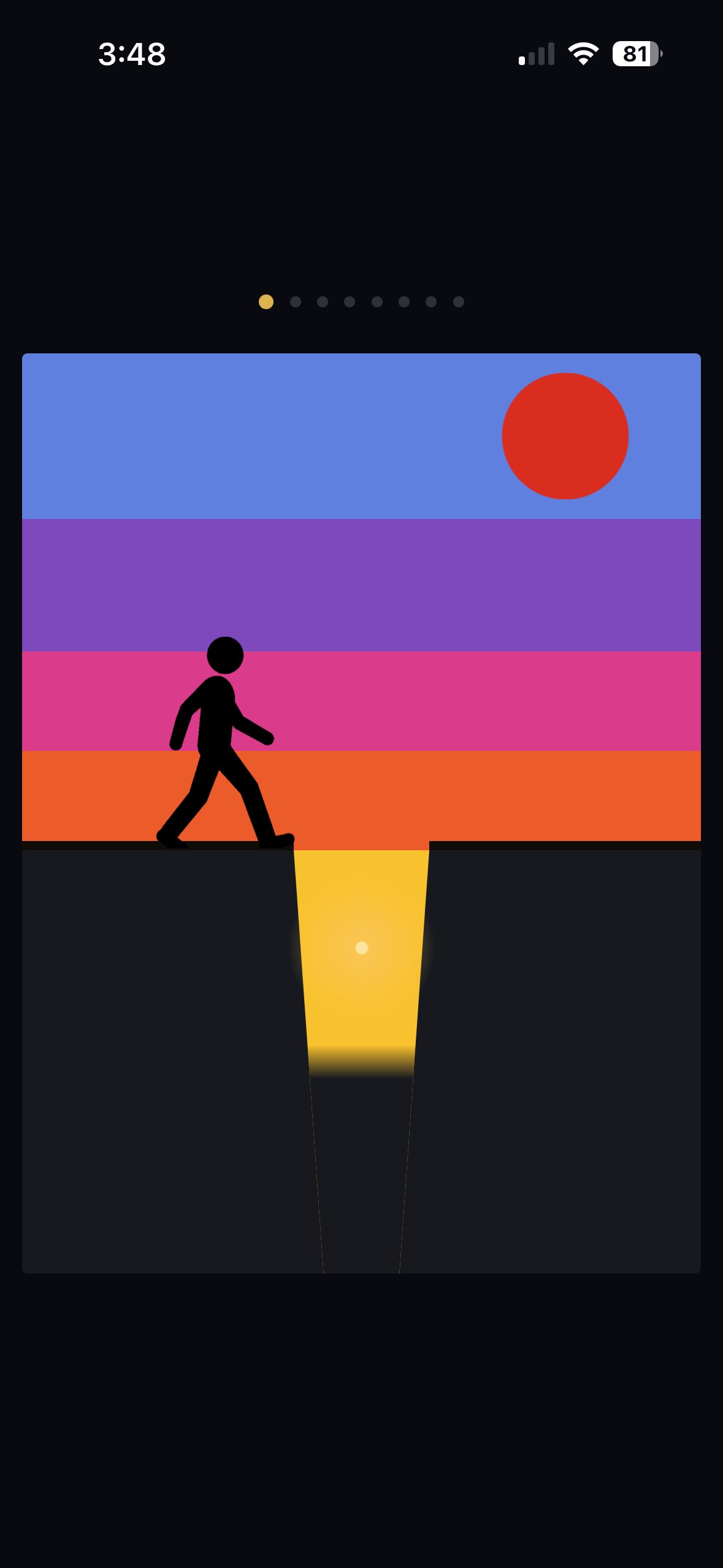 A silhouette Walker at the edge of a glowing gold gap beneath a banded sky