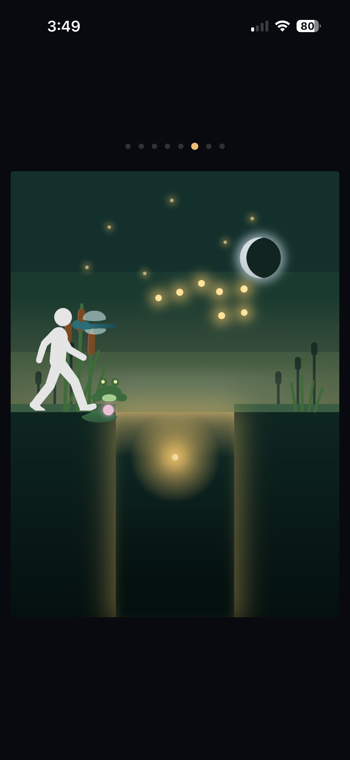 A swamp scene at dusk, fireflies gathered into a constellation beneath an eclipse